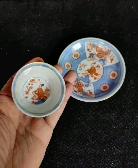古玩陶瓷康熙青花礬紅描金杯碟拍賣，當(dāng)前價格1800元