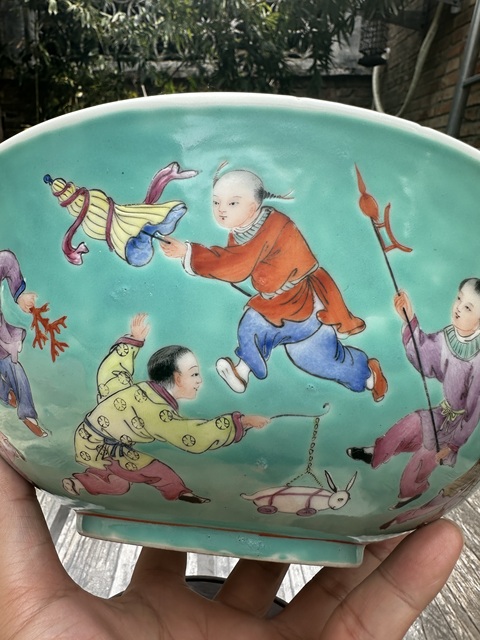 古玩陶瓷民國松石綠地粉彩嬰戲大碗拍賣，當前價格8999元