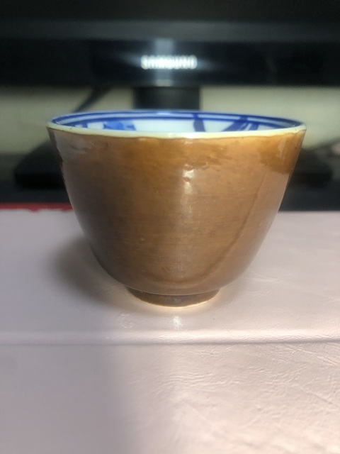 古玩陶瓷精品外紫金釉內青花魚藻紋杯拍賣,當前價格70元