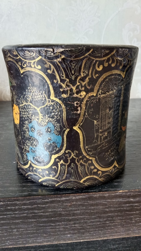 古玩雜項木胎漆器描彩繪筆筒真品鑒賞圖