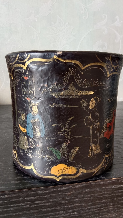 古玩雜項木胎漆器描彩繪筆筒真品鑒賞圖