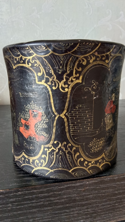 古玩雜項木胎漆器描彩繪筆筒真品鑒賞圖