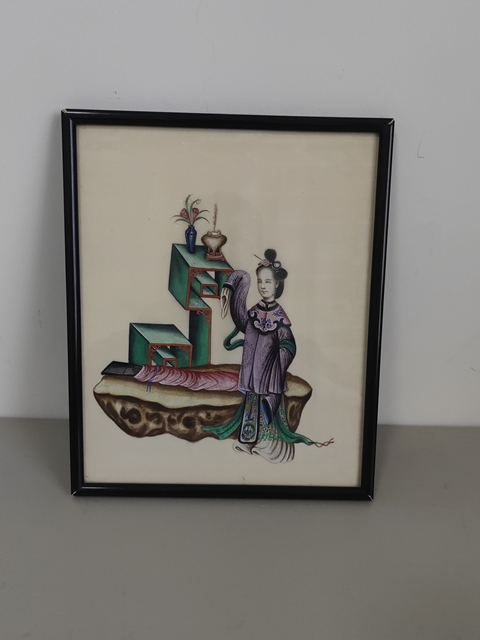 古玩字畫佚名工筆仕女鏡片(帶原裝鏡框)真品鑒賞圖