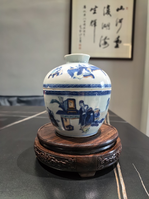古玩陶瓷清中晚·春夜宴桃李園李白人物紋蓋缸拍賣,當(dāng)前價(jià)格8888元