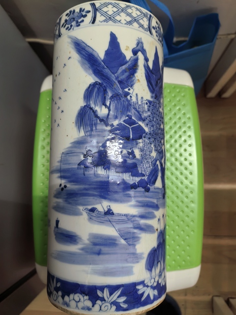 古玩陶瓷樵漁耕讀山水紋青花帽筒真品鑒賞圖