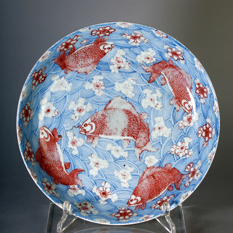 古玩陶瓷康熙青花釉里紅魚盤真品鑒賞圖