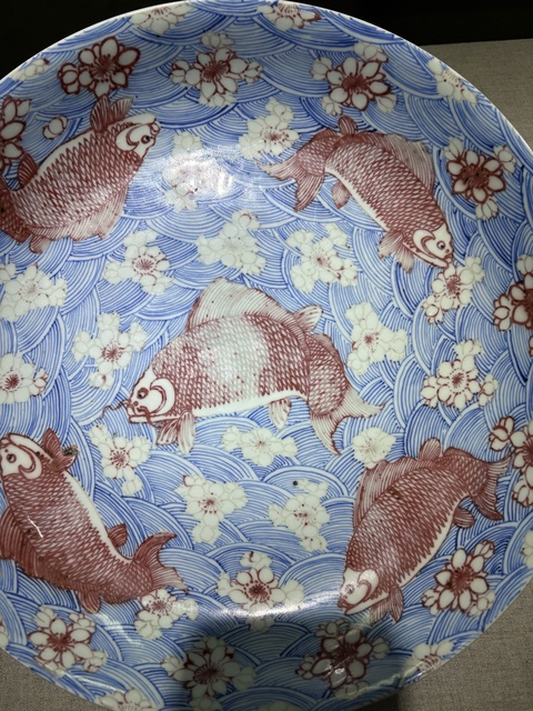 古玩陶瓷康熙青花釉里紅魚盤真品鑒賞圖