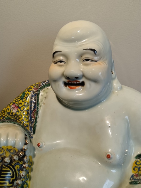古玩陶瓷萬同順粉彩花卉彌勒笑佛拍賣,當前價格35000元