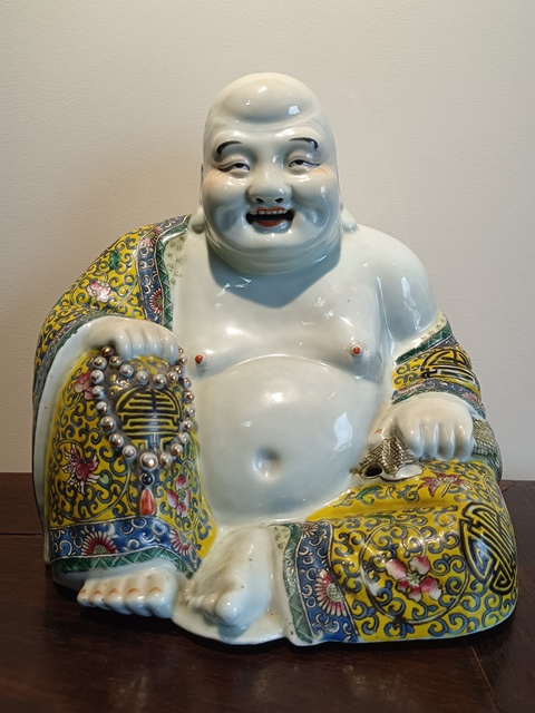 古玩陶瓷萬同順粉彩花卉彌勒笑佛拍賣,當前價格35000元