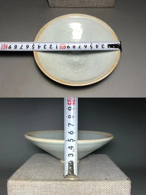 古玩陶瓷宋,青白釉雙鳳紋印花斗笠碗拍賣,當前價格8000元