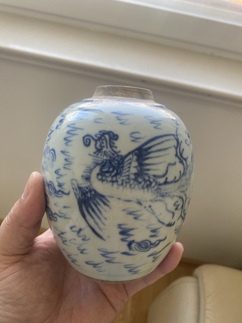 古玩陶瓷雍正淡描青花鳳紋罐真品鑒賞圖
