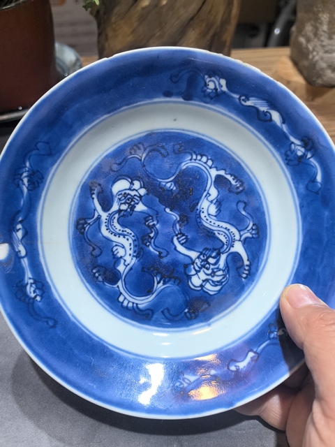 古玩陶瓷清.康熙 雙螭龍紋青花盤拍賣，當前價格368元