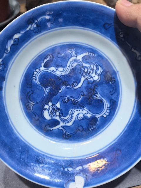 古玩陶瓷清.康熙 雙螭龍紋青花盤拍賣，當前價格368元