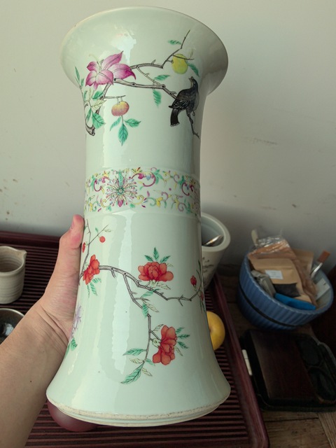 古玩陶瓷粉彩花鳥紋花觚真品鑒賞圖