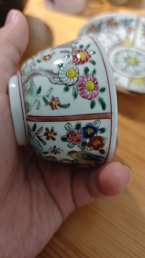 古玩陶瓷日本瓷五彩花鳥杯碟一套真品鑒賞圖