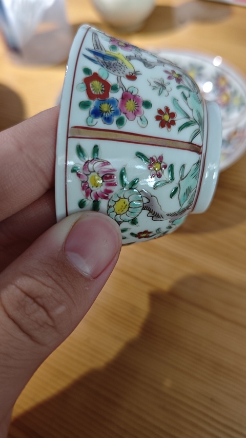 古玩陶瓷日本瓷五彩花鳥杯碟一套真品鑒賞圖