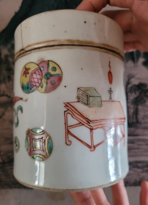 古玩陶瓷晚清?描金粉彩皮球花博古紋蓋缸拍賣,當前價格1280元