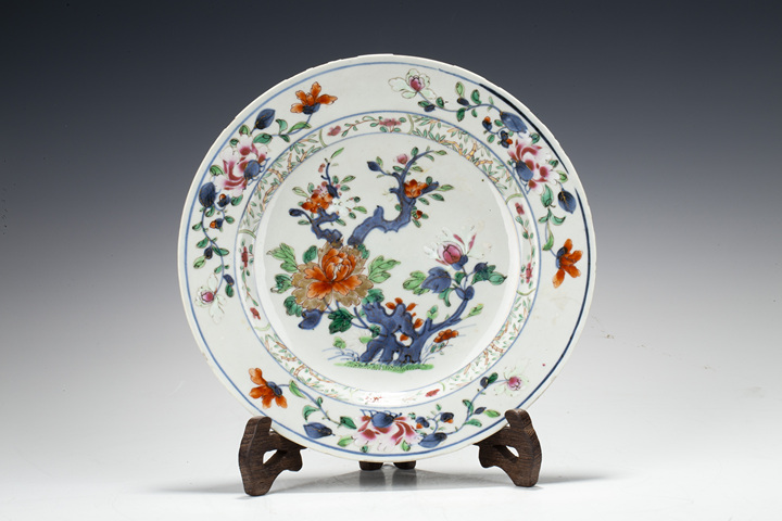 古玩陶瓷清康雍·青花粉彩花卉紋折沿盤真品鑒賞圖
