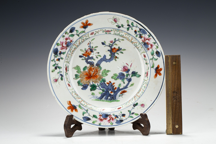 古玩陶瓷清康雍·青花粉彩花卉紋折沿盤真品鑒賞圖