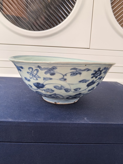 古玩陶瓷明中期青花纏枝花卉紋大碗拍賣，當前價格2980元