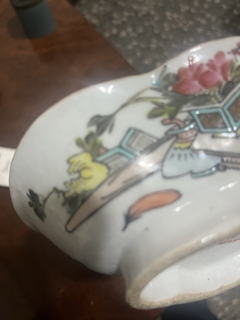 古玩陶瓷清晚期 戴煥昭繪淺絳博古紋供盤真品鑒賞圖