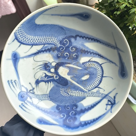 古玩陶瓷青花過墻龍紋臥盤拍賣,當前價格7800元