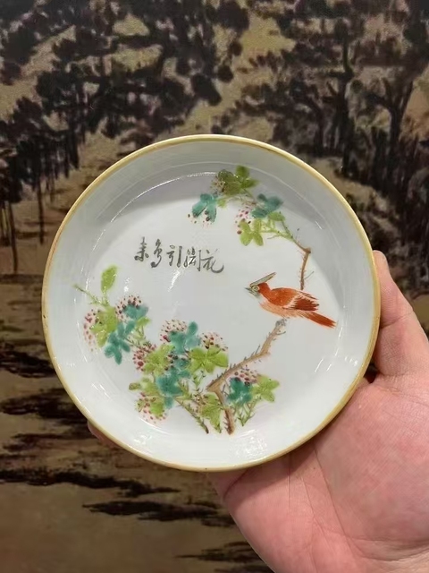 古玩陶瓷光緒淺降彩花鳥折沿洗真品鑒賞圖