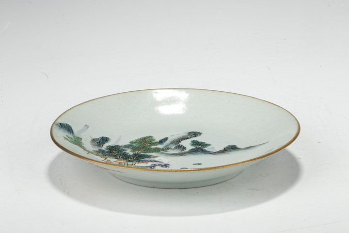 古玩陶瓷清中·粉彩山水樓閣紋盤真品鑒賞圖