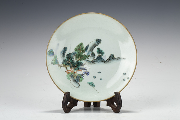 古玩陶瓷清中·粉彩山水樓閣紋盤真品鑒賞圖