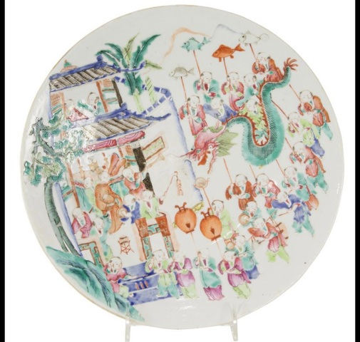 古玩陶瓷百子鬧春粉彩盤真品鑒賞圖