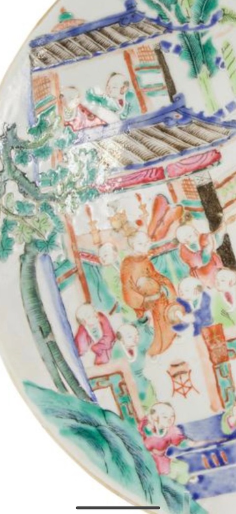 古玩陶瓷百子鬧春粉彩盤真品鑒賞圖