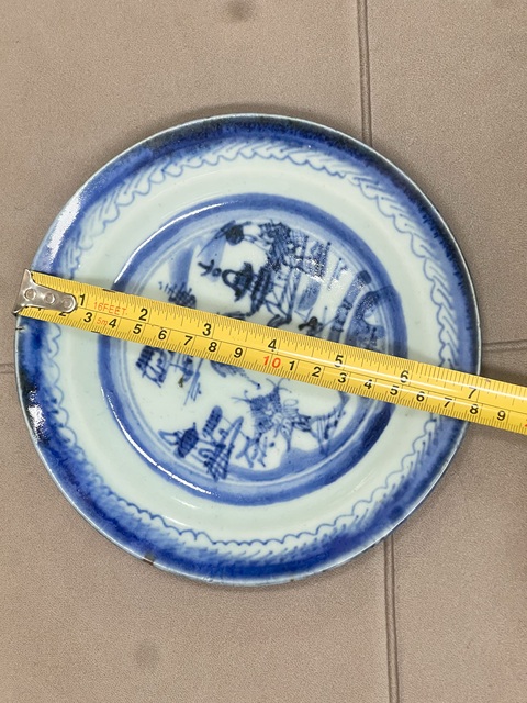 古玩陶瓷清中晚 青花山水人物紋折沿盤拍賣，當前價格299元