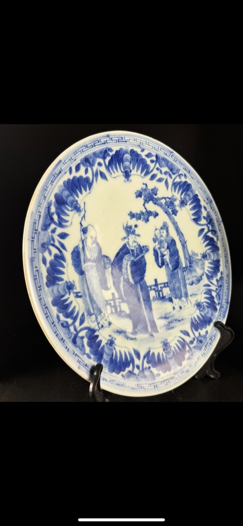 古玩陶瓷晚清 青花細路福祿壽三星人物大盤拍賣,當前價格4750元