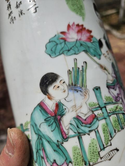 古玩陶瓷粉彩人物故事帽筒真品鑒賞圖