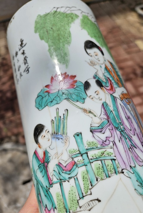 古玩陶瓷粉彩人物故事帽筒真品鑒賞圖