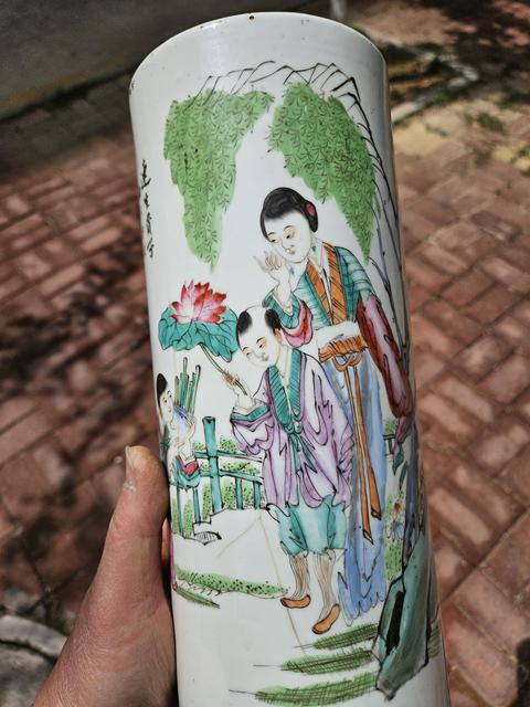 古玩陶瓷粉彩人物故事帽筒真品鑒賞圖
