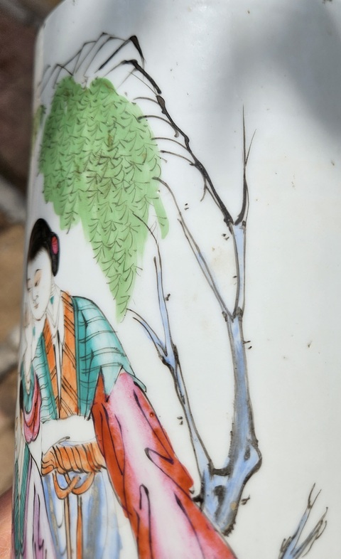 古玩陶瓷粉彩人物故事帽筒真品鑒賞圖