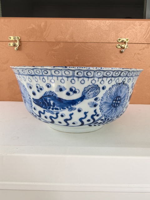 古玩陶瓷清光緒青花魚藻紋花口大碗拍賣,當前價格4980元