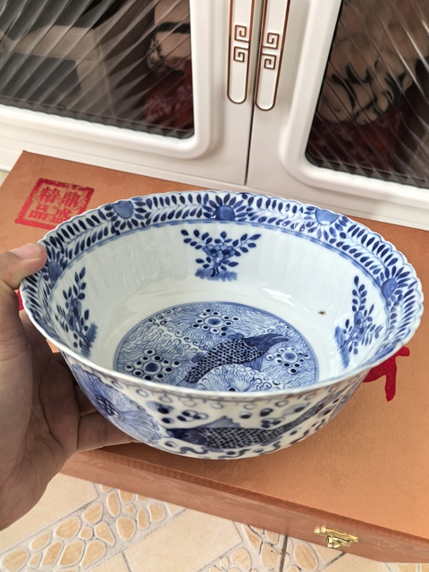 古玩陶瓷清光緒青花魚藻紋花口大碗拍賣,當前價格4980元