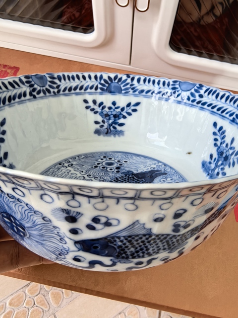 古玩陶瓷清光緒青花魚藻紋花口大碗拍賣,當前價格4980元