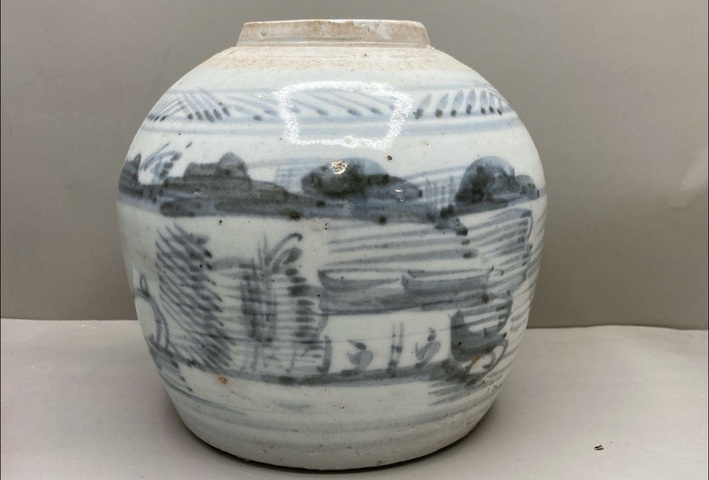 古玩陶瓷山水紋青花罐真品鑒賞圖