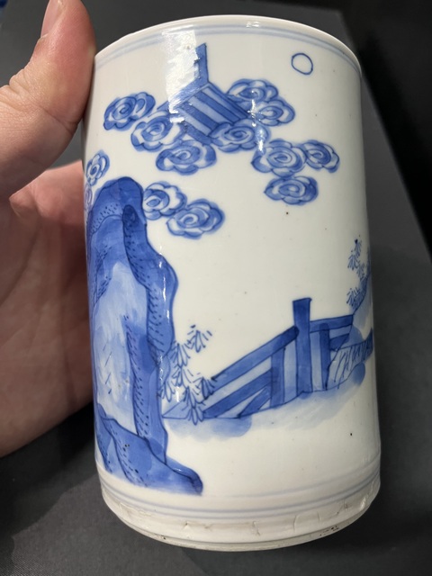 古玩陶瓷清康熙 青花人物紋筆筒真品鑒賞圖