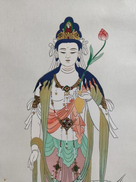 古玩字畫持蓮觀音菩薩造像 手工原裱立軸拍賣,當前價格880元