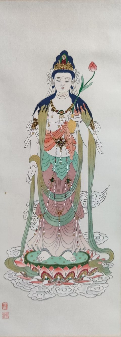 古玩字畫持蓮觀音菩薩造像 手工原裱立軸拍賣,當前價格880元