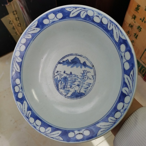 古玩陶瓷清晚期三星高照圖青花折沿碗拍賣，當前價格760元