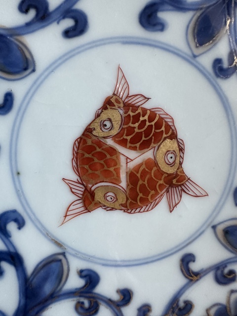古玩陶瓷青花五彩描金魚藻紋盤拍賣，當前價格5000元