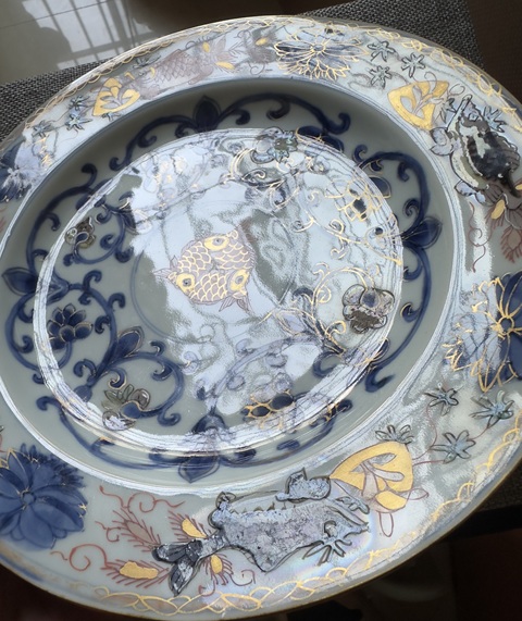 古玩陶瓷青花五彩描金魚藻紋盤拍賣，當前價格5000元