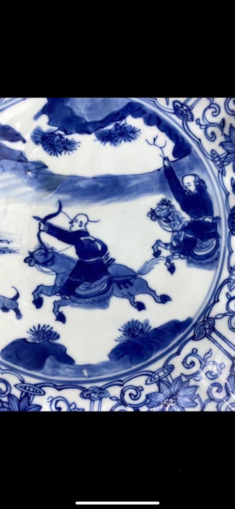 古玩陶瓷清康熙 青花狩獵圖花口盤拍賣，當前價格4777元