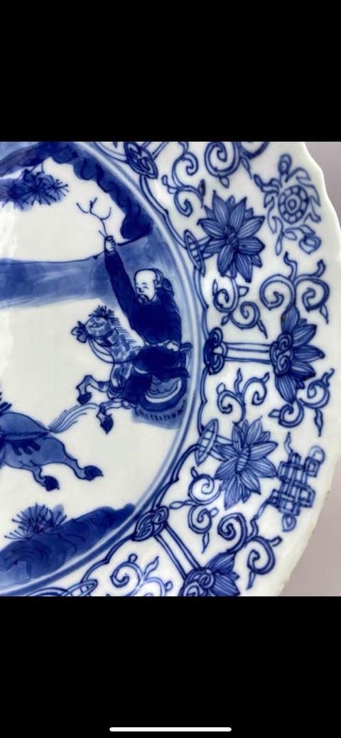 古玩陶瓷清康熙 青花狩獵圖花口盤拍賣，當前價格4777元