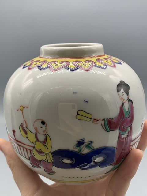 古玩陶瓷民國(guó)粉彩三娘教子圖罐拍賣(mài),當(dāng)前價(jià)格594元